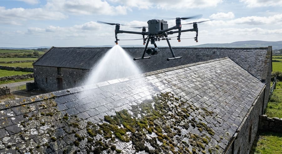Drone cleaning moss from a slate roof