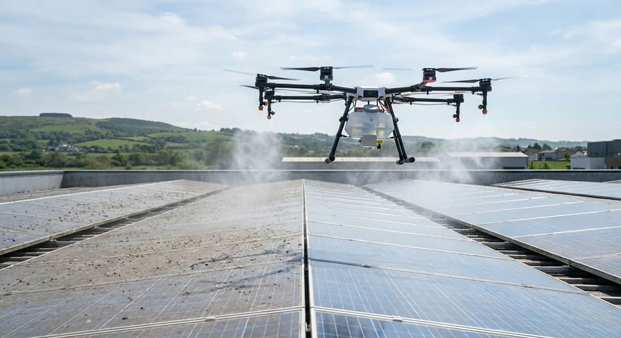 Drone cleaning a commercial solar panel array